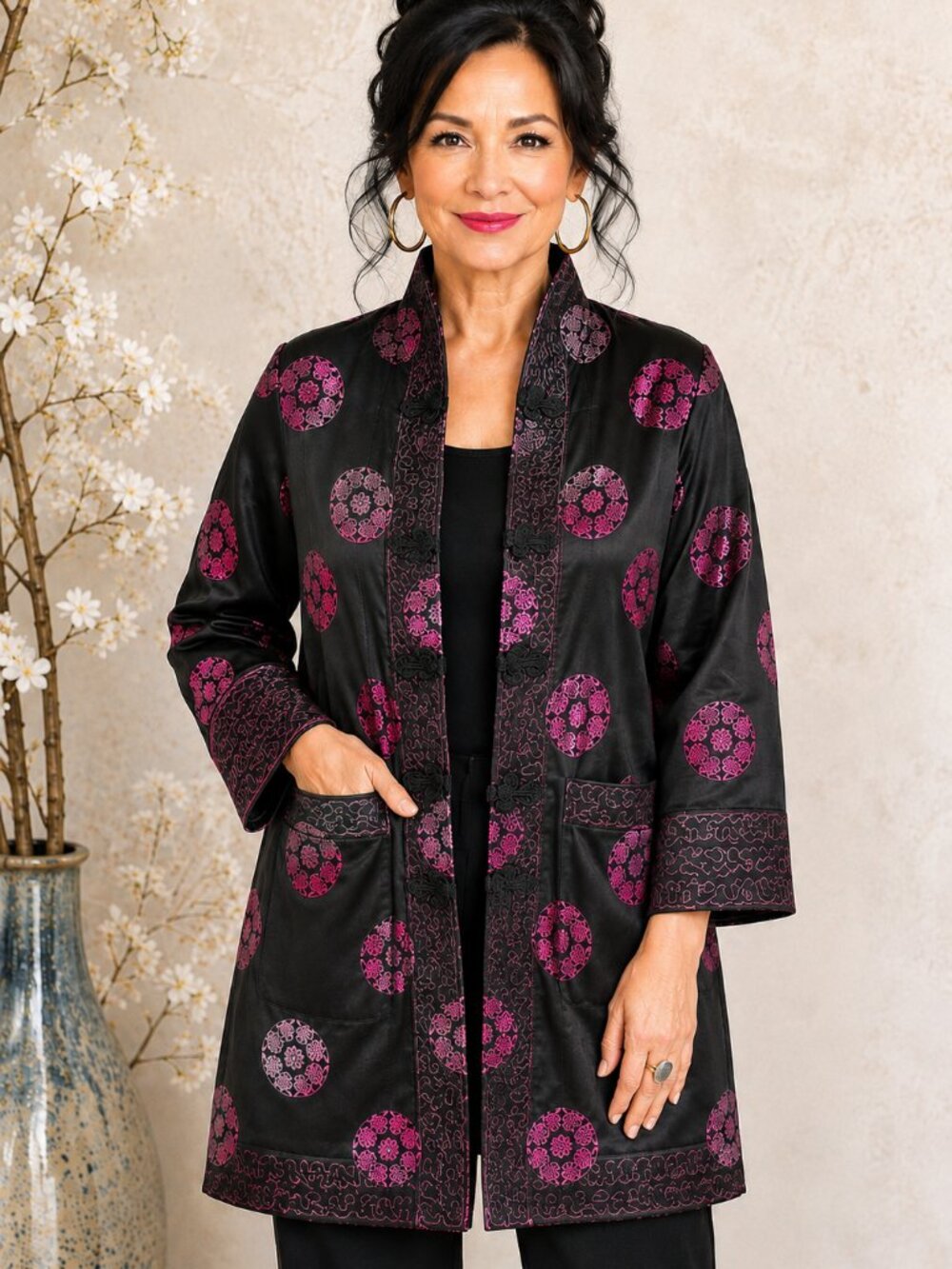 Vintage Chinese Brocade Padded Jacket Black Magenta Satin Frog Closure